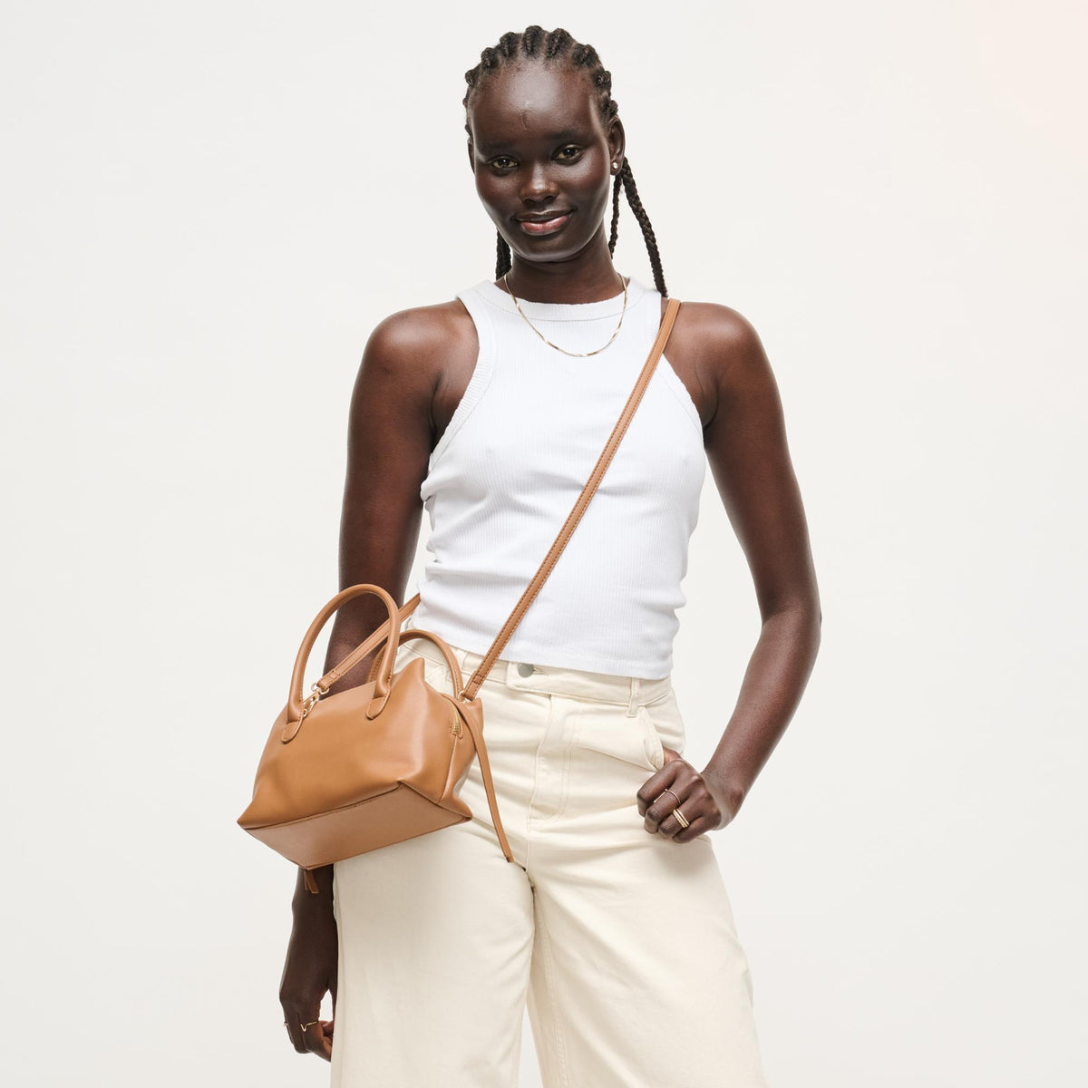 Woman wearing Camel Urban Expressions Logan Crossbody 840504205354 View 2 | Camel