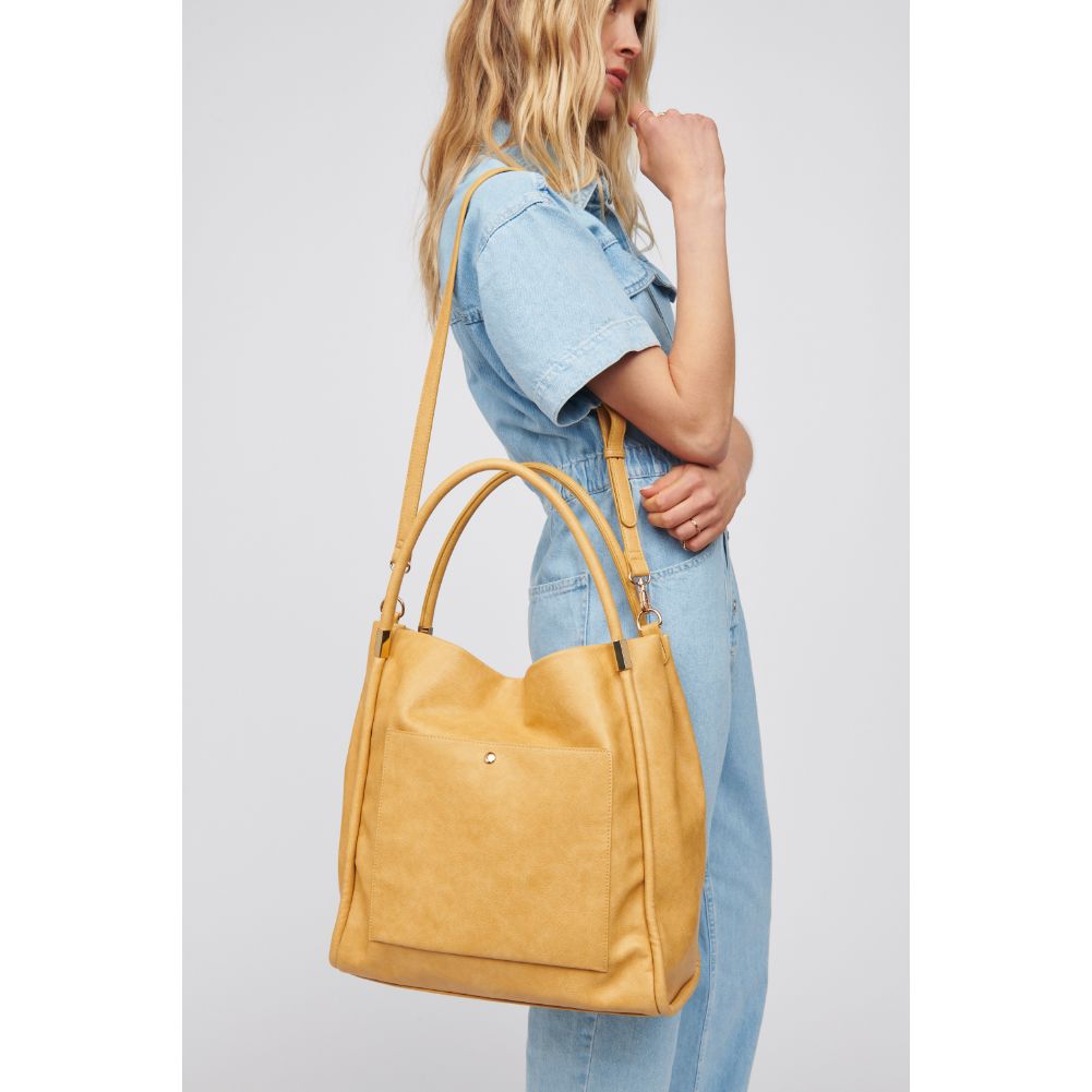 Woman wearing Mustard Urban Expressions Deborah Tote 818209016827 View 1 | Mustard