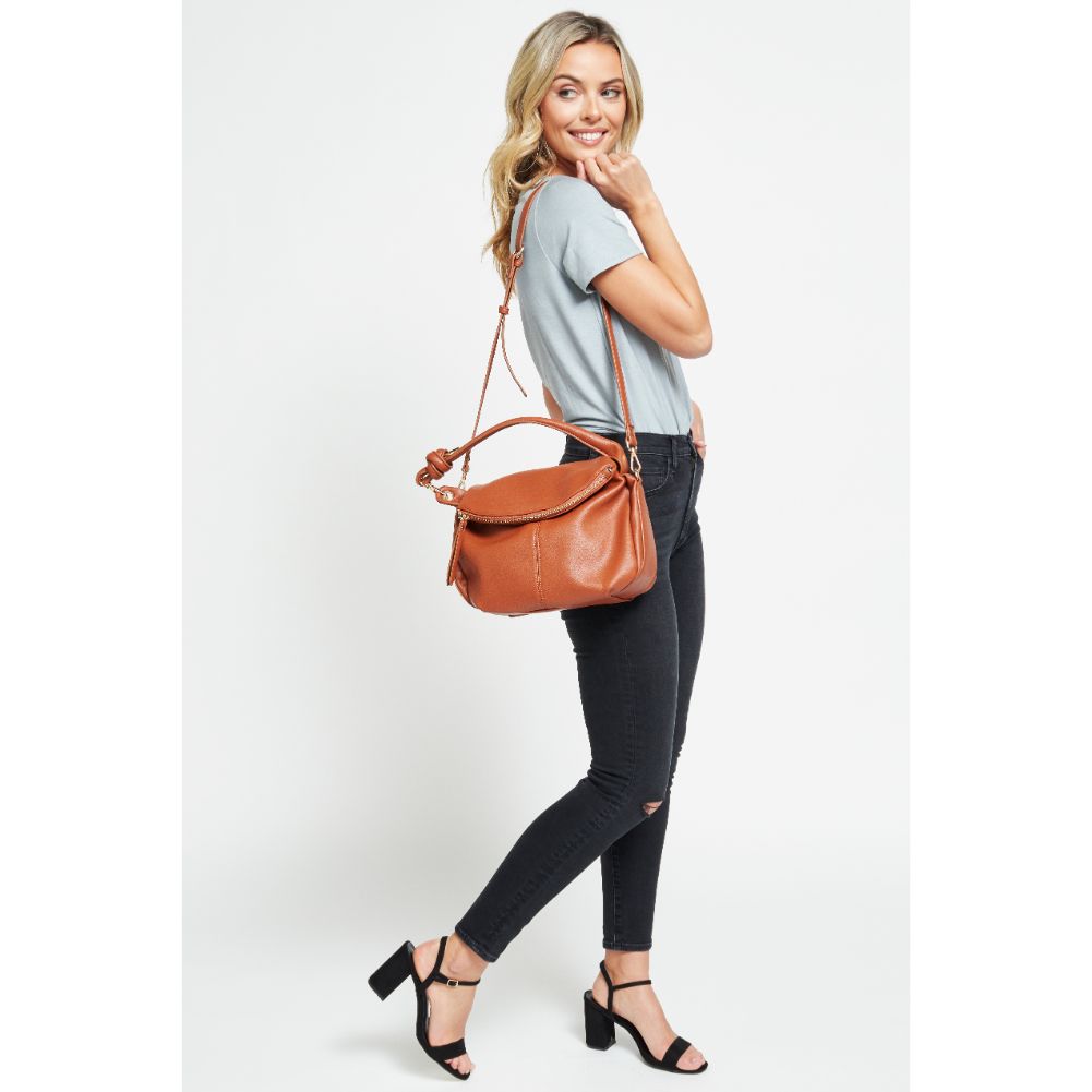 Woman wearing Tan Urban Expressions Layla Messenger 840611179036 View 3 | Tan