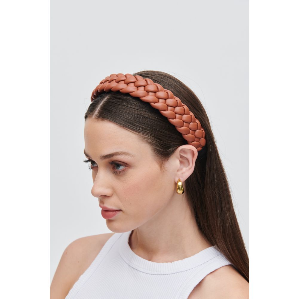 Woman wearing Chocolate Urban Expressions Braided Vegan Leather Headband Headband 818209014298 View 2 | Chocolate