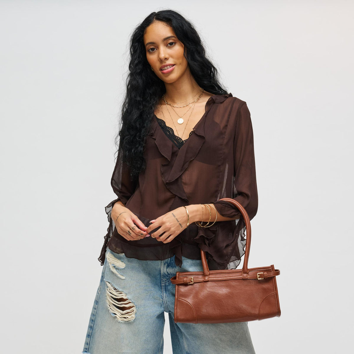 Woman wearing Cognac Urban Expressions Jade Crossbody 840611198259 View 2 | Cognac