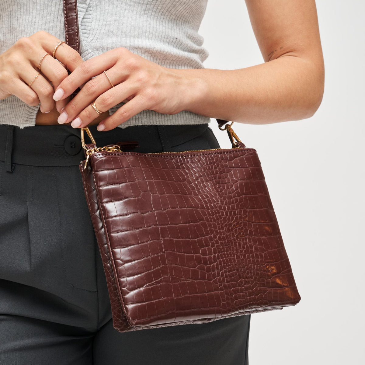 Woman wearing Chocolate Urban Expressions Judy Crossbody 840611199591 View 4 | Chocolate