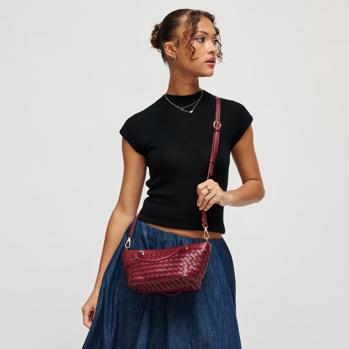 Woman wearing Burgundy Urban Expressions Otto Crossbody 840504214059 View 2 | Burgundy