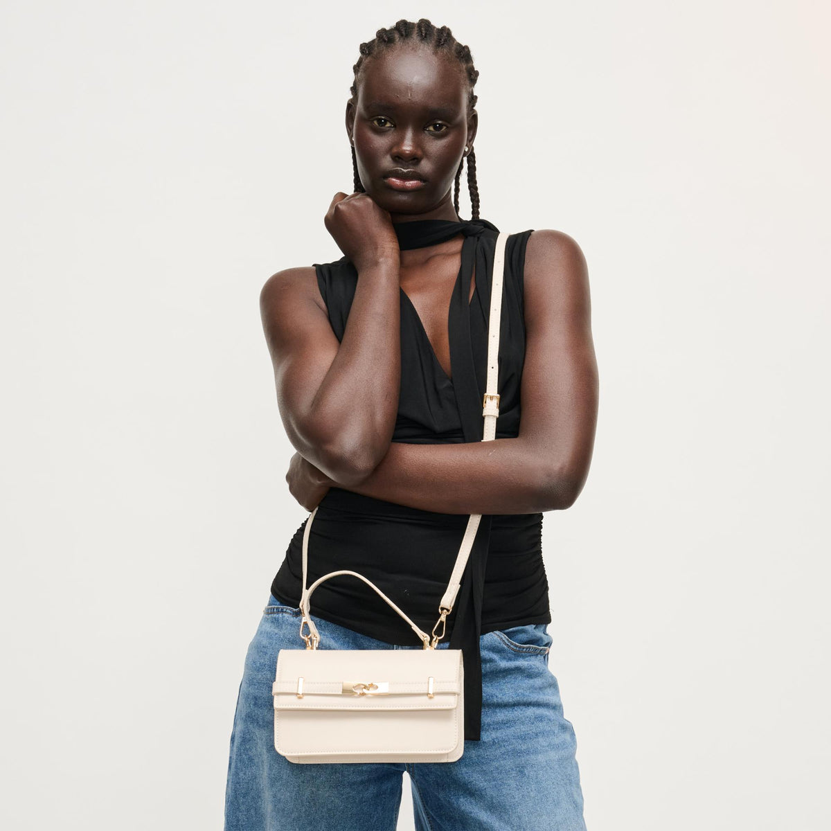 Woman wearing Oatmilk Urban Expressions Lily Crossbody 840504205798 View 3 | Oatmilk