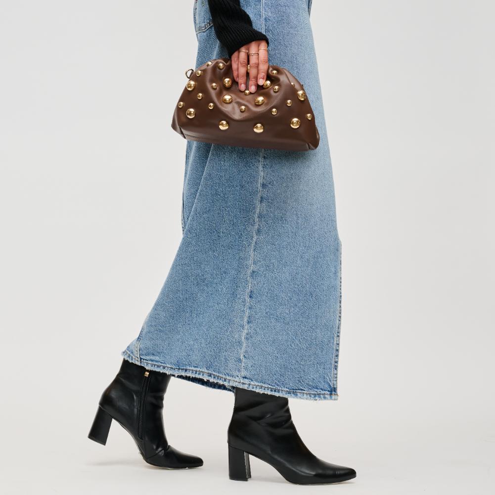 Woman wearing Chocolate Urban Expressions Carey Clutch 840611193803 View 3 | Chocolate