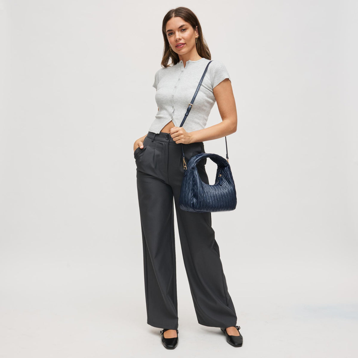 Woman wearing Midnight Urban Expressions Amara Crossbody 840611198846 View 4 | Midnight