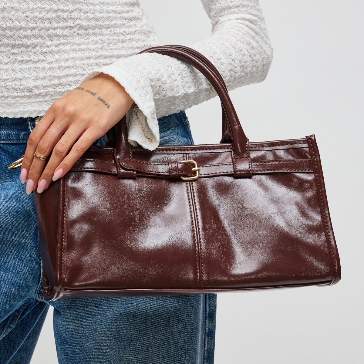 Woman wearing Chocolate Urban Expressions Joanna Crossbody 840611198204 View 1 | Chocolate