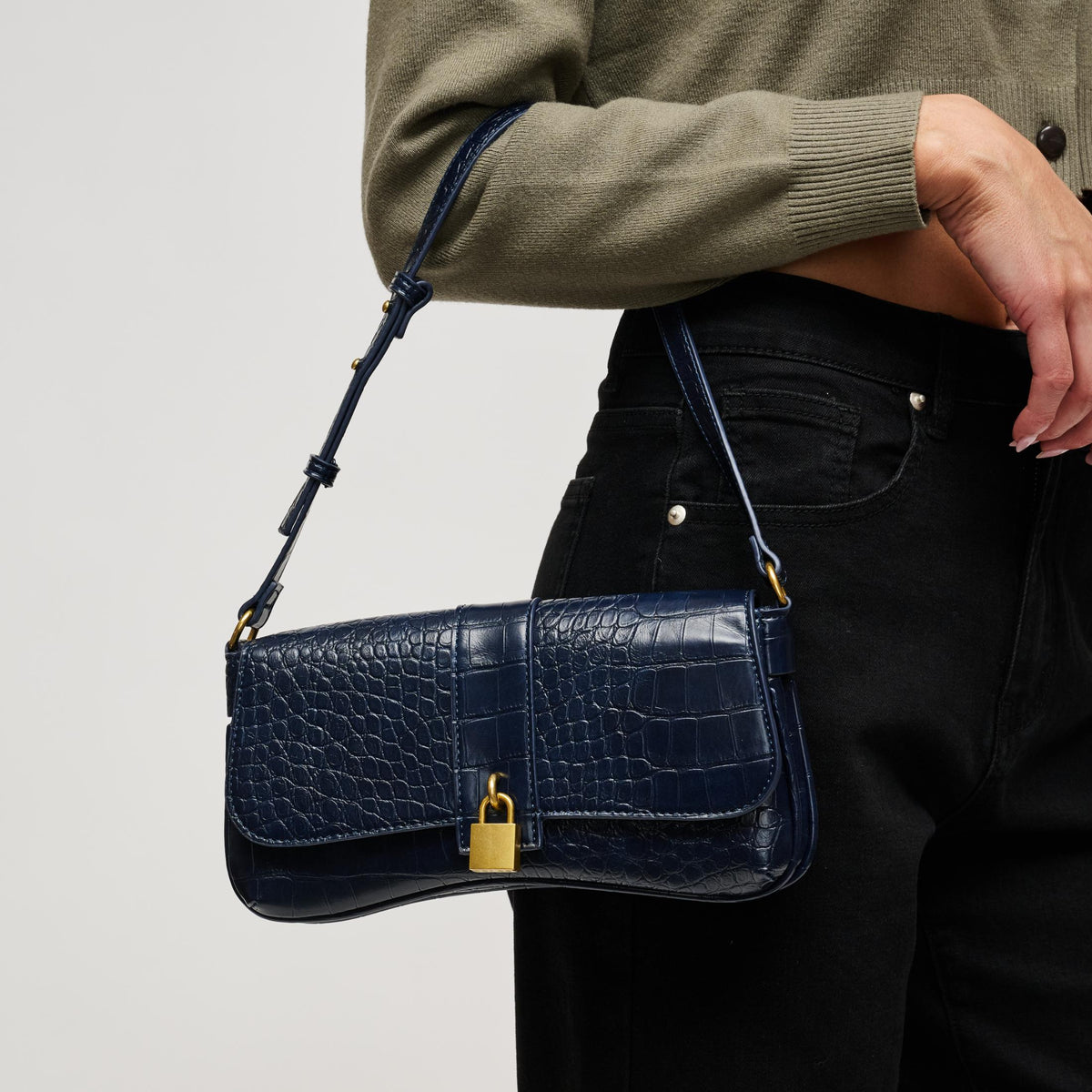 Woman wearing Navy Urban Expressions Marsilee Shoulder Bag 840504212277 View 1 | Navy