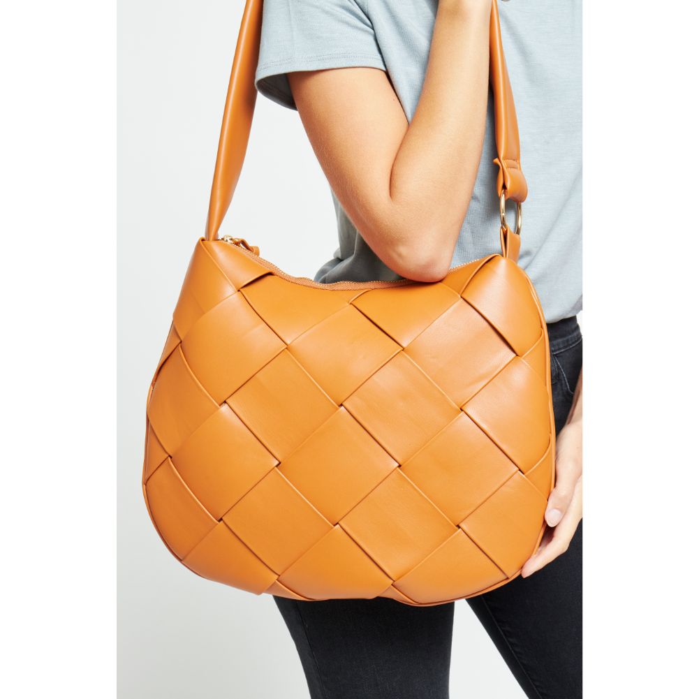Woman wearing Tan Urban Expressions Mira Messenger 840611179289 View 4 | Tan