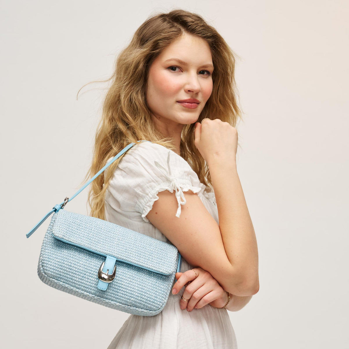 Woman wearing Denim Urban Expressions Gloria - Straw Crossbody 840504205422 View 1 | Denim