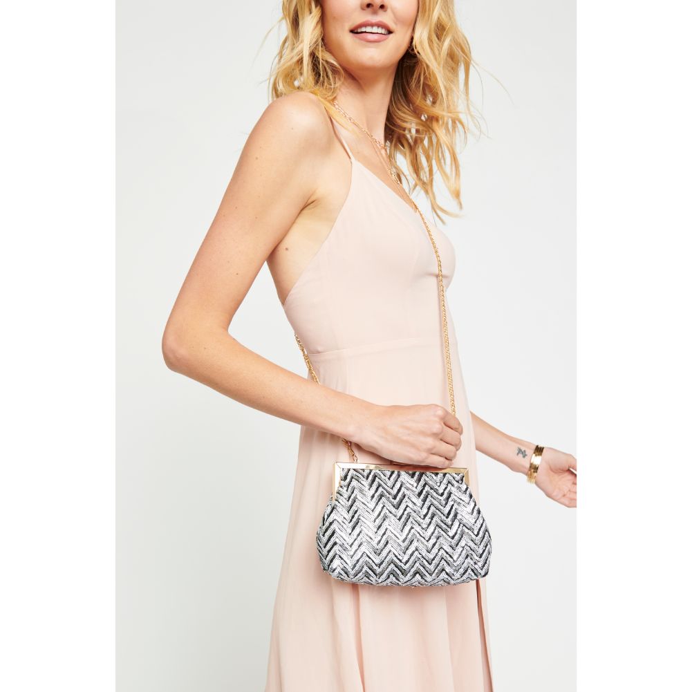 Woman wearing Black White Urban Expressions Billie Evening Bag 840611165176 View 4 | Black White