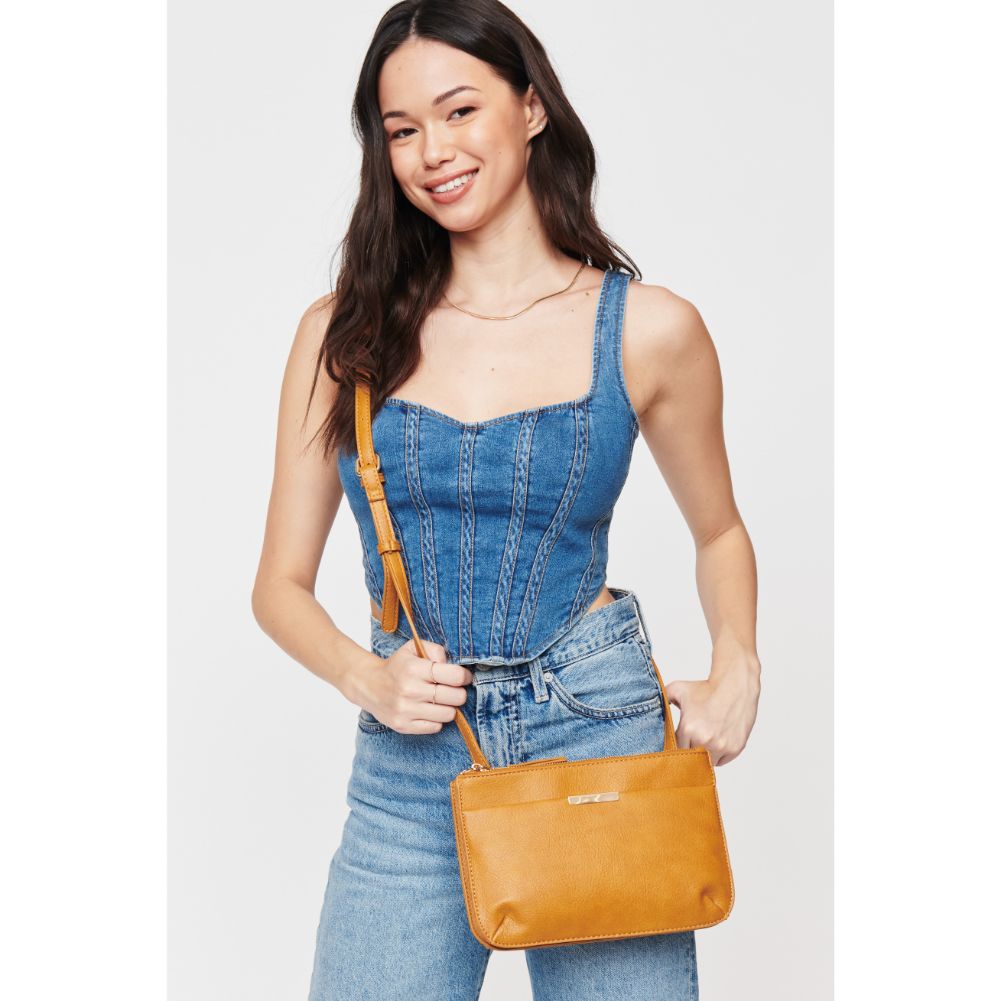 Woman wearing Mustard Urban Expressions Wyatt Crossbody 840611108708 View 2 | Mustard