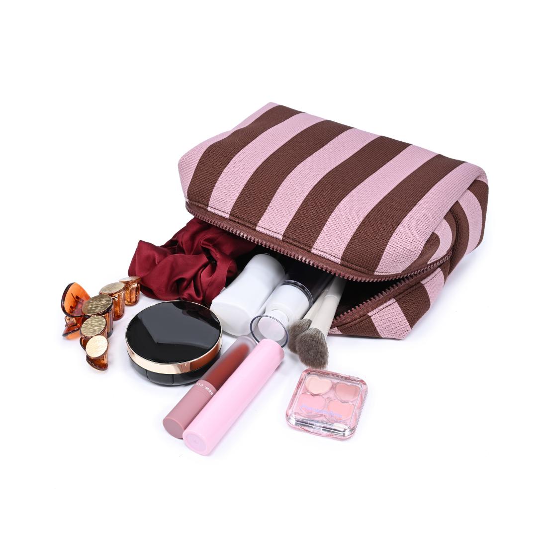 Woman wearing Pink Brown Urban Essentials Essential Stripe Cosmetic & Travel Organizer Pouch 840504207419 View 1 | Pink Brown