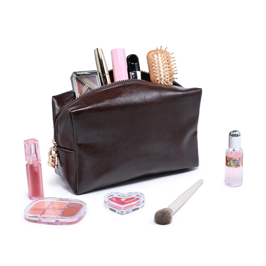 Woman wearing Chocolate Urban Essentials The Vault Cosmetic & Travel Organizer Pouch 840504210082 View 1 | Chocolate