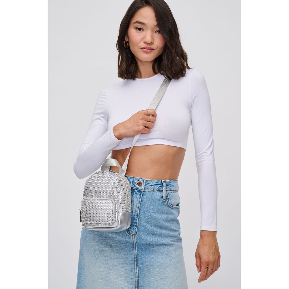 Woman wearing Silver Urban Expressions Frizzante Crossbody 840611121486 View 1 | Silver