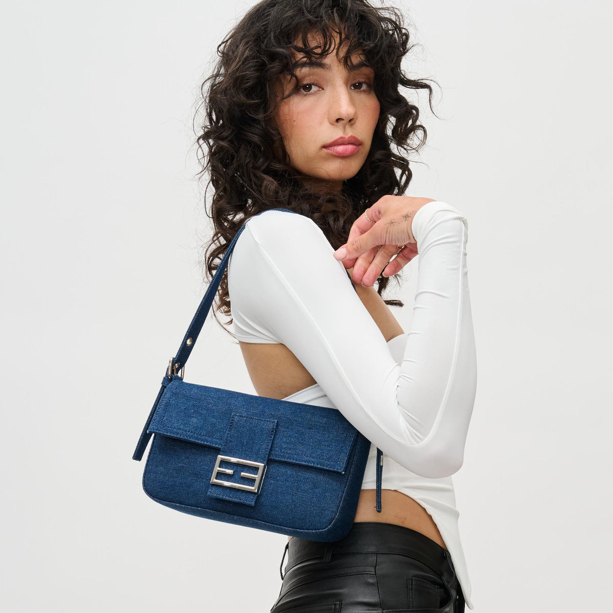 Woman wearing Denim Urban Expressions Beverly Crossbody 840611124845 View 1 | Denim
