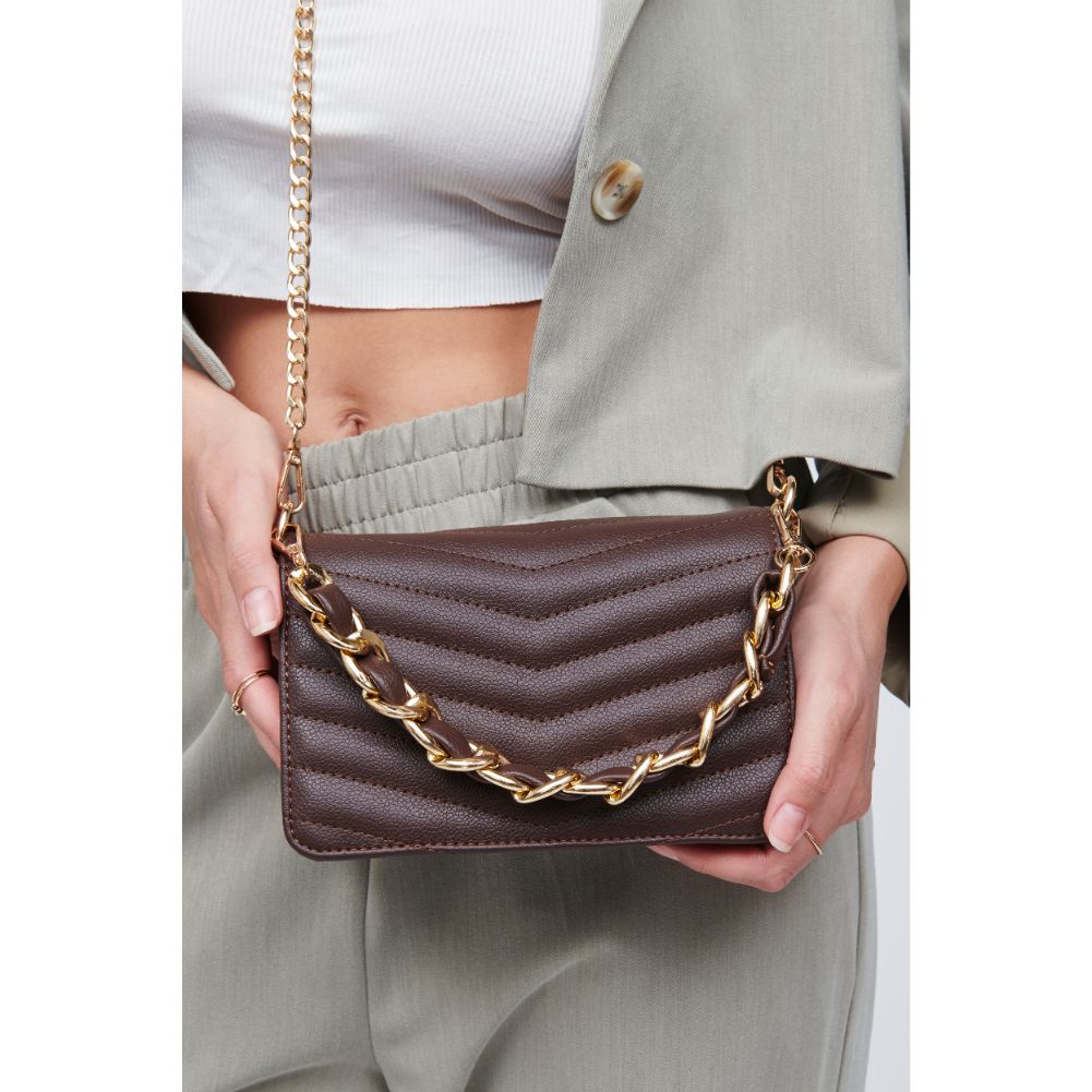Woman wearing Chocolate Urban Expressions Genny - Chevron Stitch Crossbody 818209011105 View 1 | Chocolate