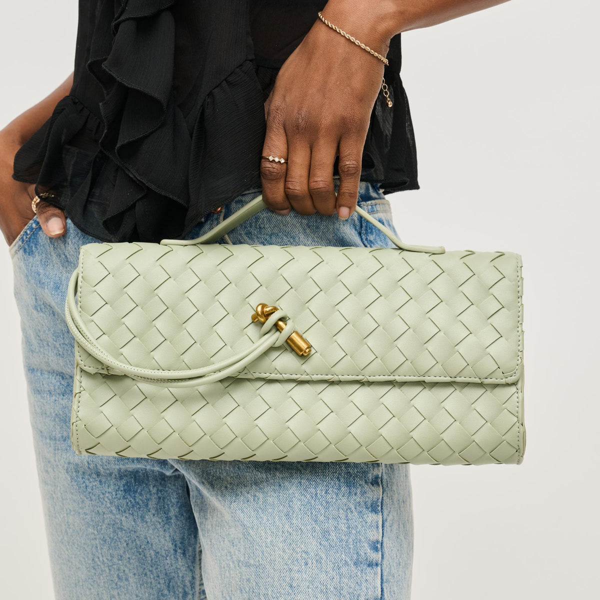 Woman wearing Sage Urban Expressions Ada Crossbody 840611161482 View 4 | Sage
