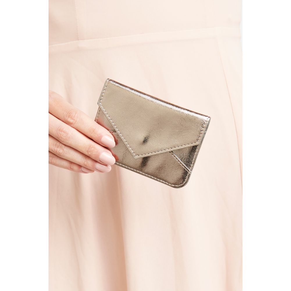 Woman wearing Pewter Urban Expressions Fifi Metallic Card Holder 840611119452 View 3 | Pewter