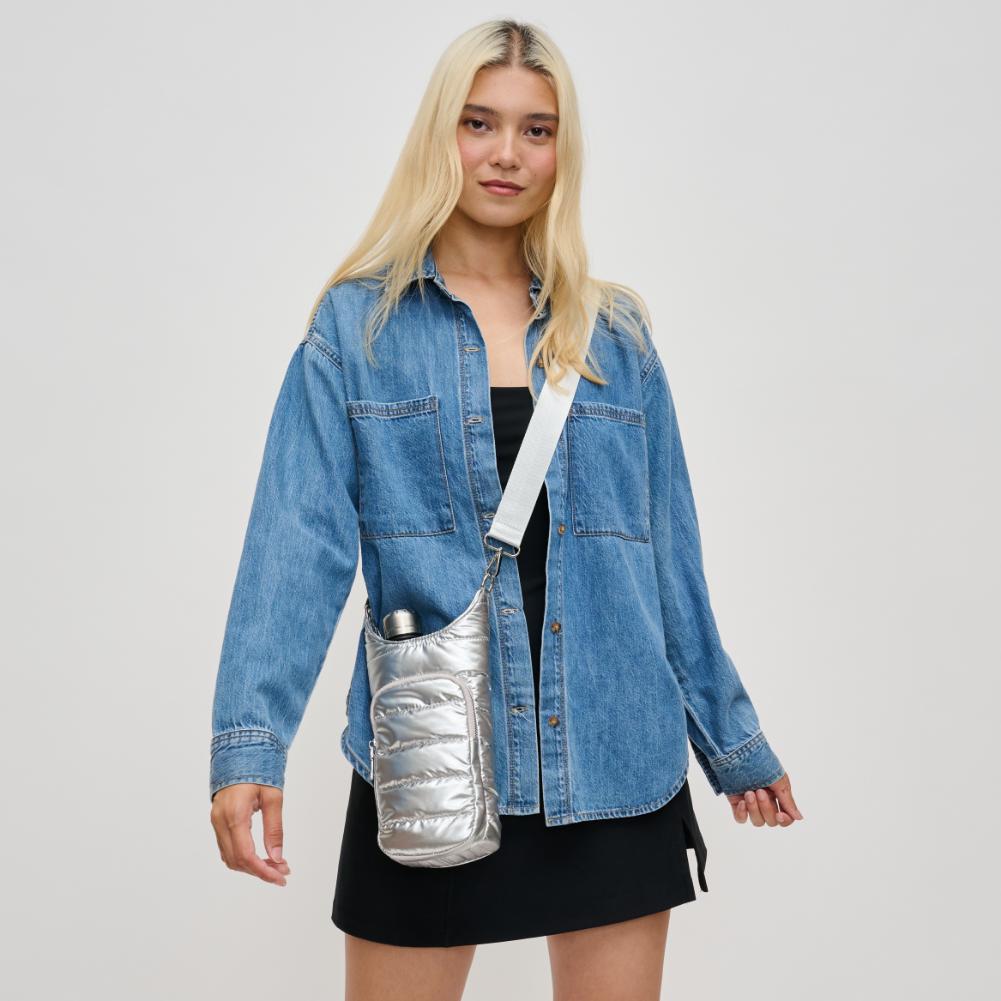 Woman wearing Silver Urban Expressions Jace Crossbody 840611193568 View 1 | Silver