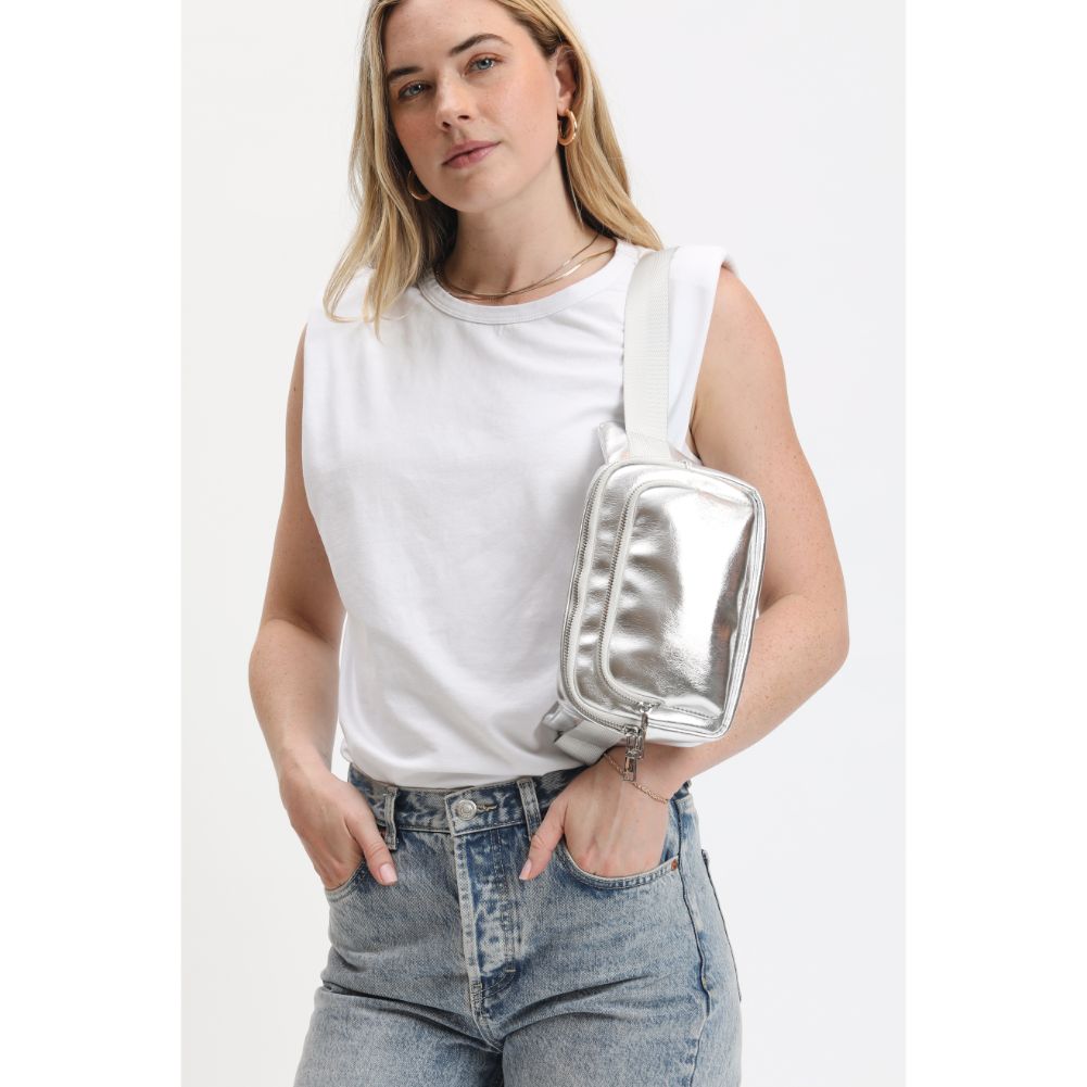 Woman wearing Silver Urban Expressions Minnie Belt Bag 840611120885 View 3 | Silver