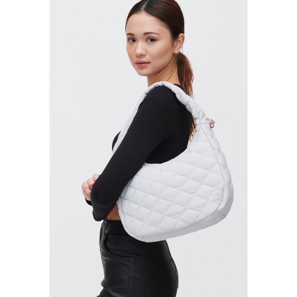 Woman wearing Dove Grey Urban Expressions Sonoma - Quilted Nylon Hobo 840611118486 View 1 | Dove Grey