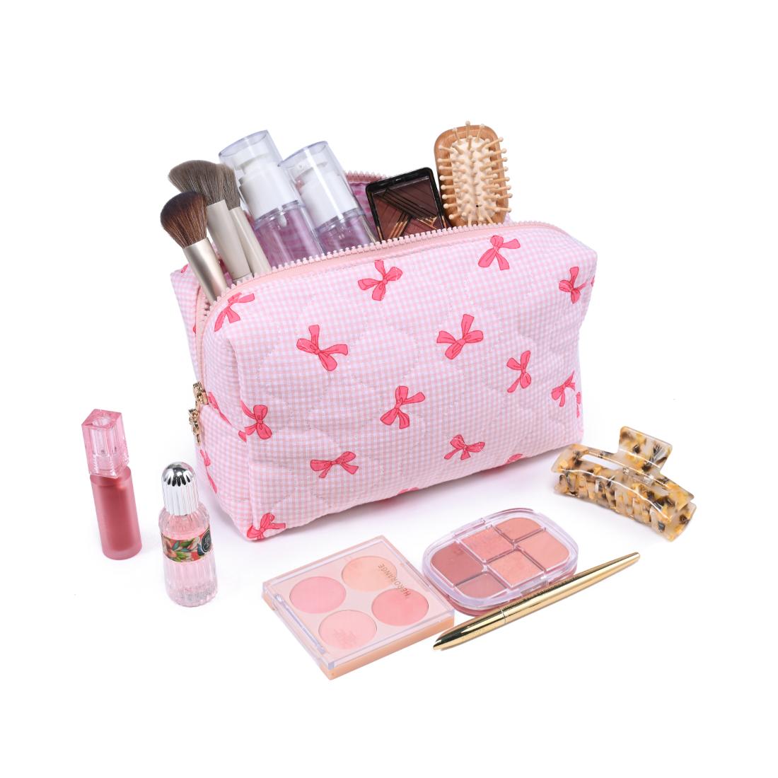Woman wearing Pink Urban Essentials Bow & Tell Cosmetic & Travel Organizer Pouch 840611197801 View 3 | Pink