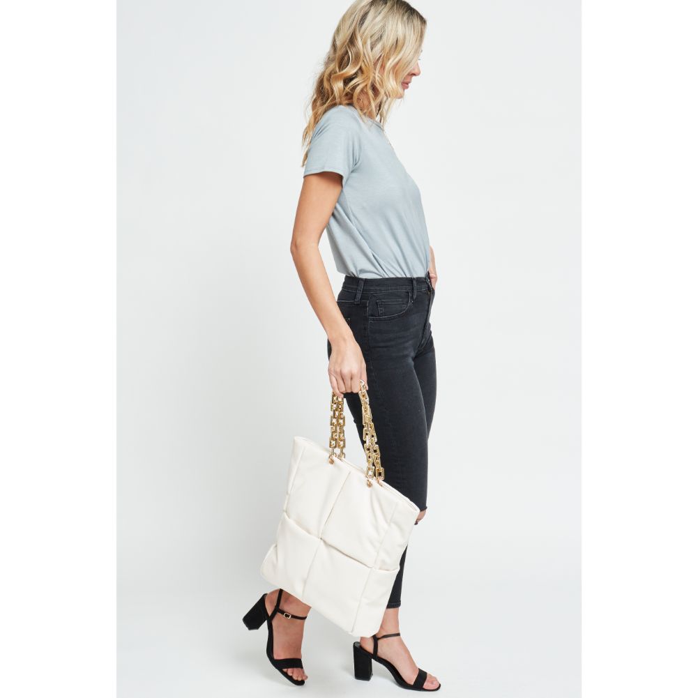 Woman wearing White Urban Expressions Zoe Tote 840611178589 View 4 | White