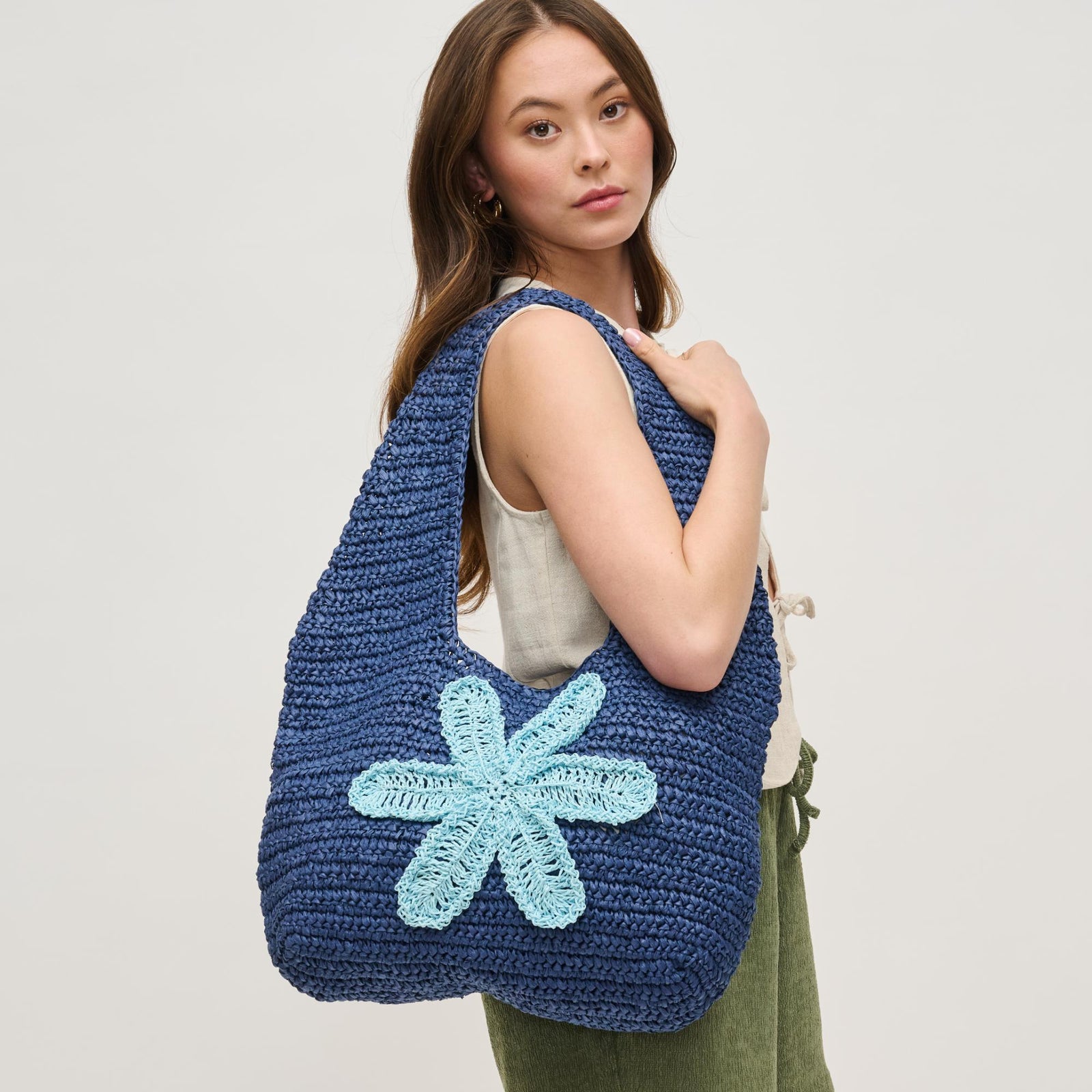 Woman wearing Navy Urban Expressions Crystal Hobo 840611153012 View 1 | Navy