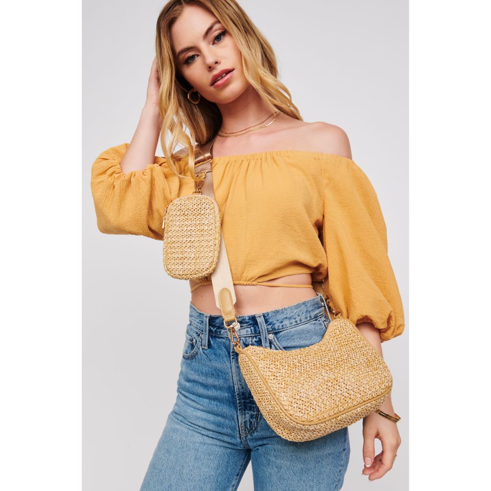 Woman wearing Natural Urban Expressions Joss Straw Crossbody 818209019873 View 2 | Natural
