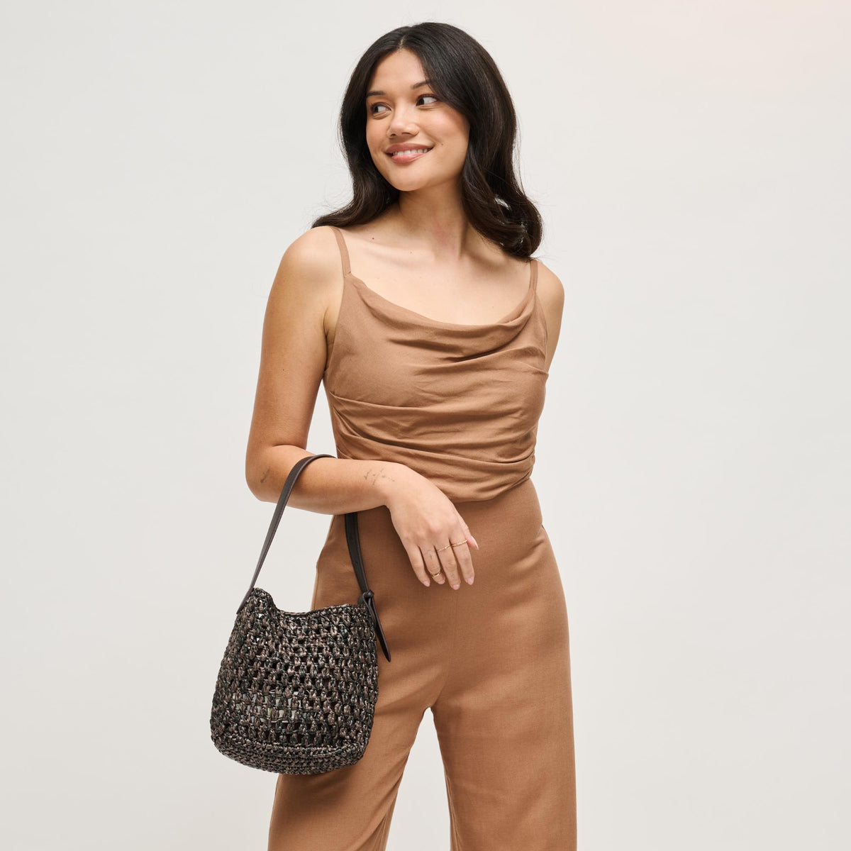 Woman wearing Chocolate Urban Expressions Ember Shoulder Bag 840504204029 View 1 | Chocolate
