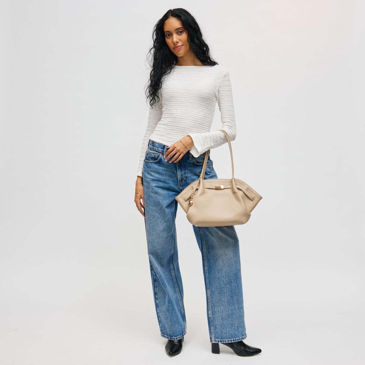 Woman wearing Almond Urban Expressions Monroe Satchel 840504200823 View 4 | Almond