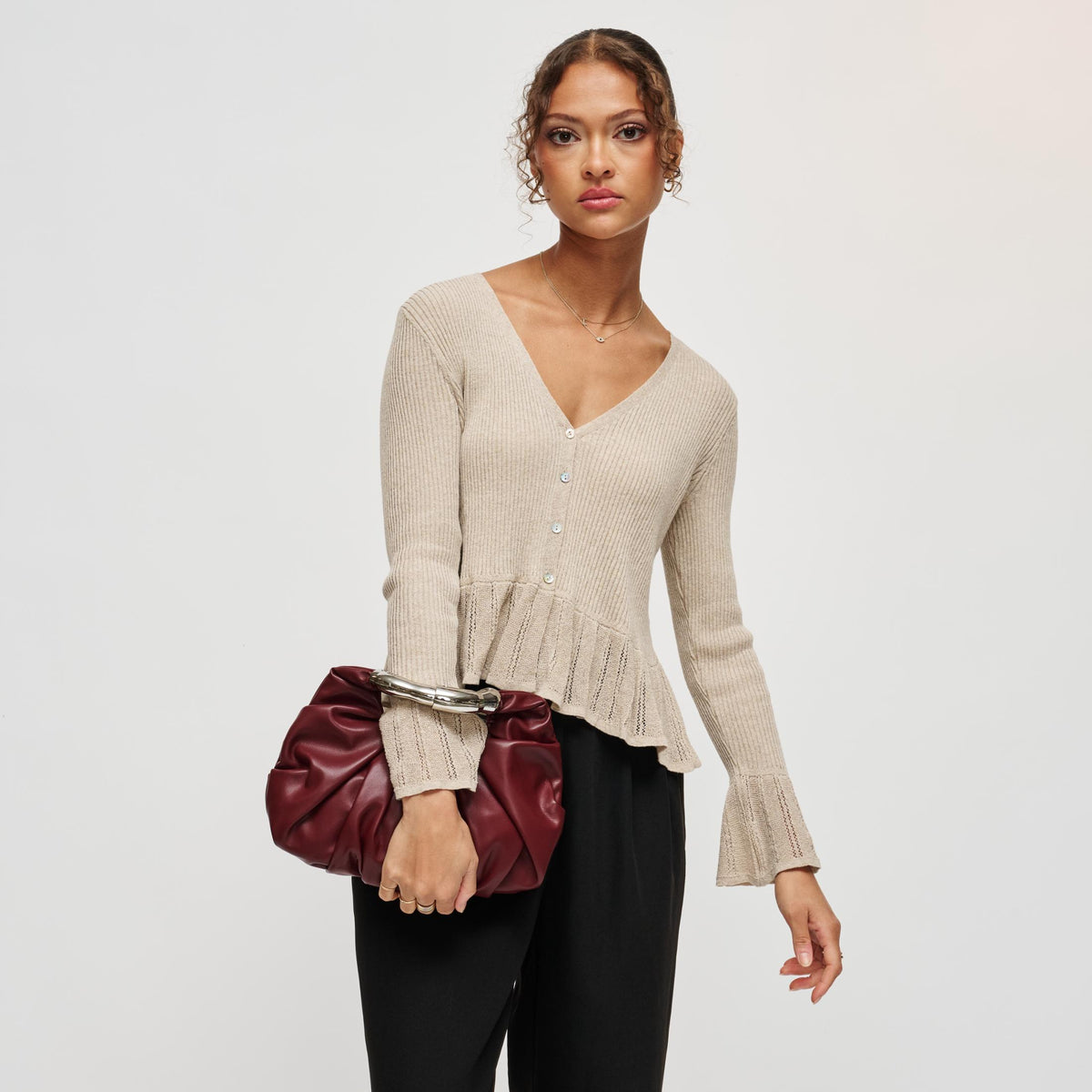 Woman wearing Wine Urban Expressions Luxx Clutch 840504212222 View 3 | Wine