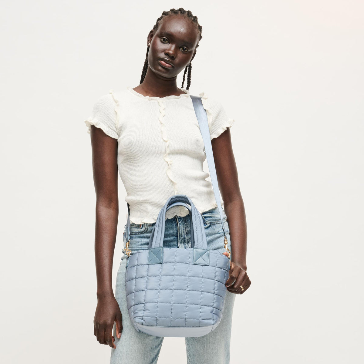 Woman wearing Denim Urban Expressions Lumina Tote 840504205996 View 3 | Denim
