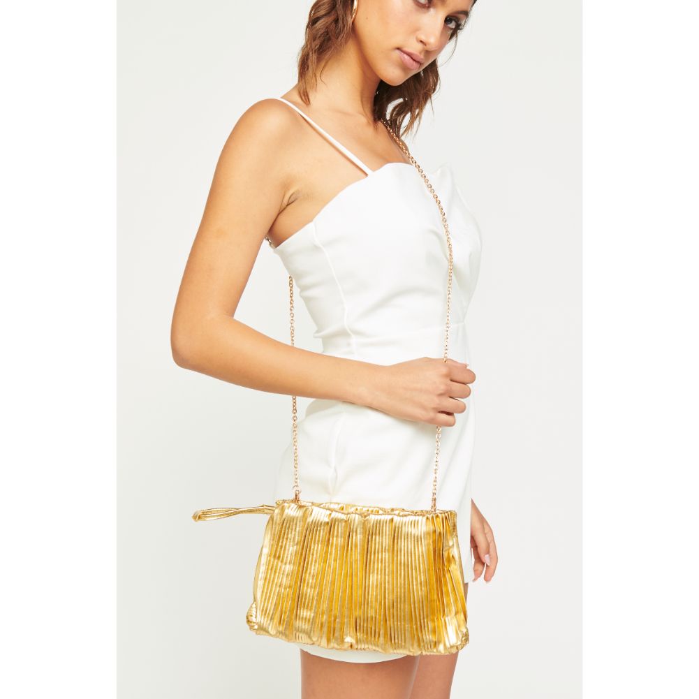 Woman wearing Gold Urban Expressions Voila Clutch 840611182333 View 2 | Gold