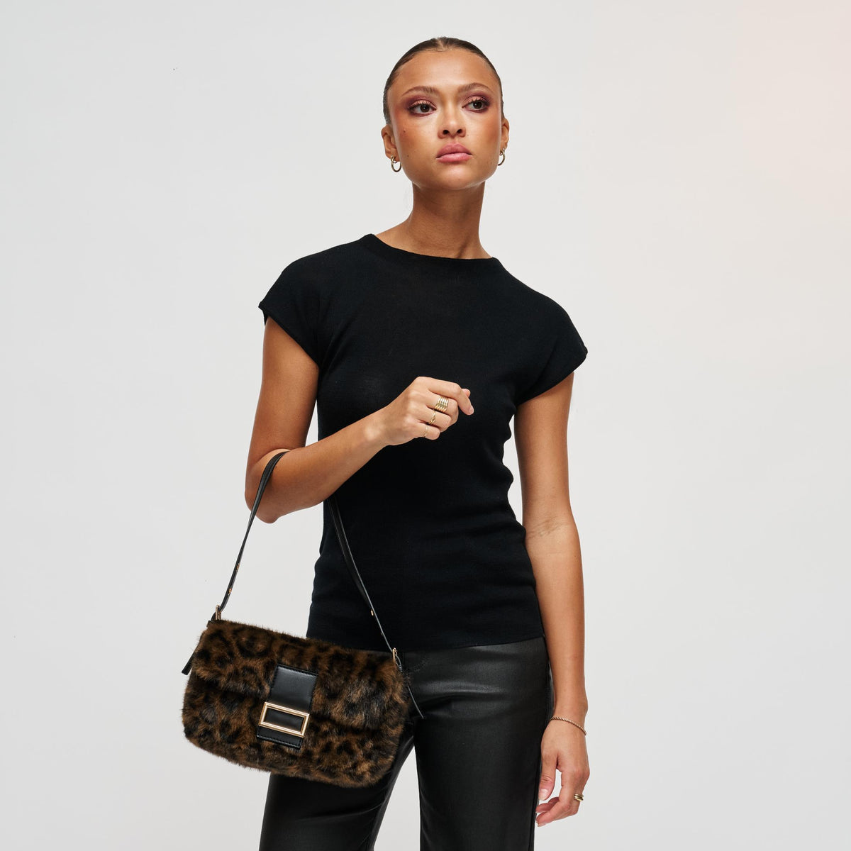 Woman wearing Leopard Urban Expressions Beverly - Faux Fur Crossbody 840504212451 View 1 | Leopard