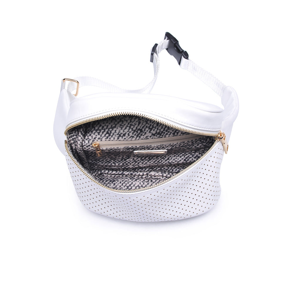 Woman wearing White Urban Expressions Hawthorn - Perforated Belt Bag NA-840611158628 View 9 | White