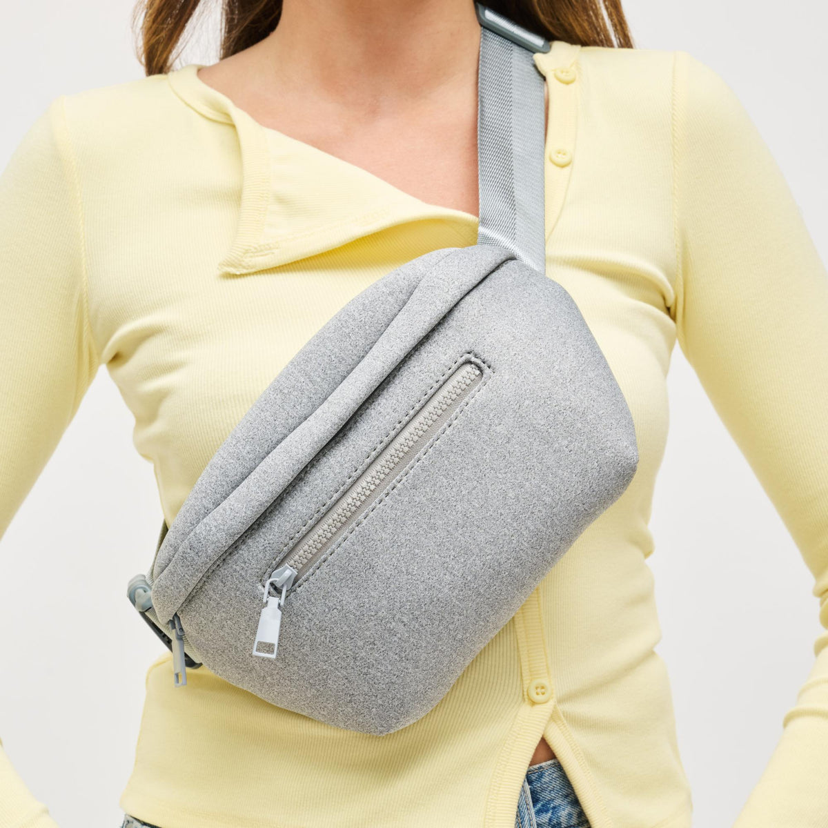Woman wearing Heather Grey Urban Expressions Celestine Belt Bag 840504200212 View 1 | Heather Grey