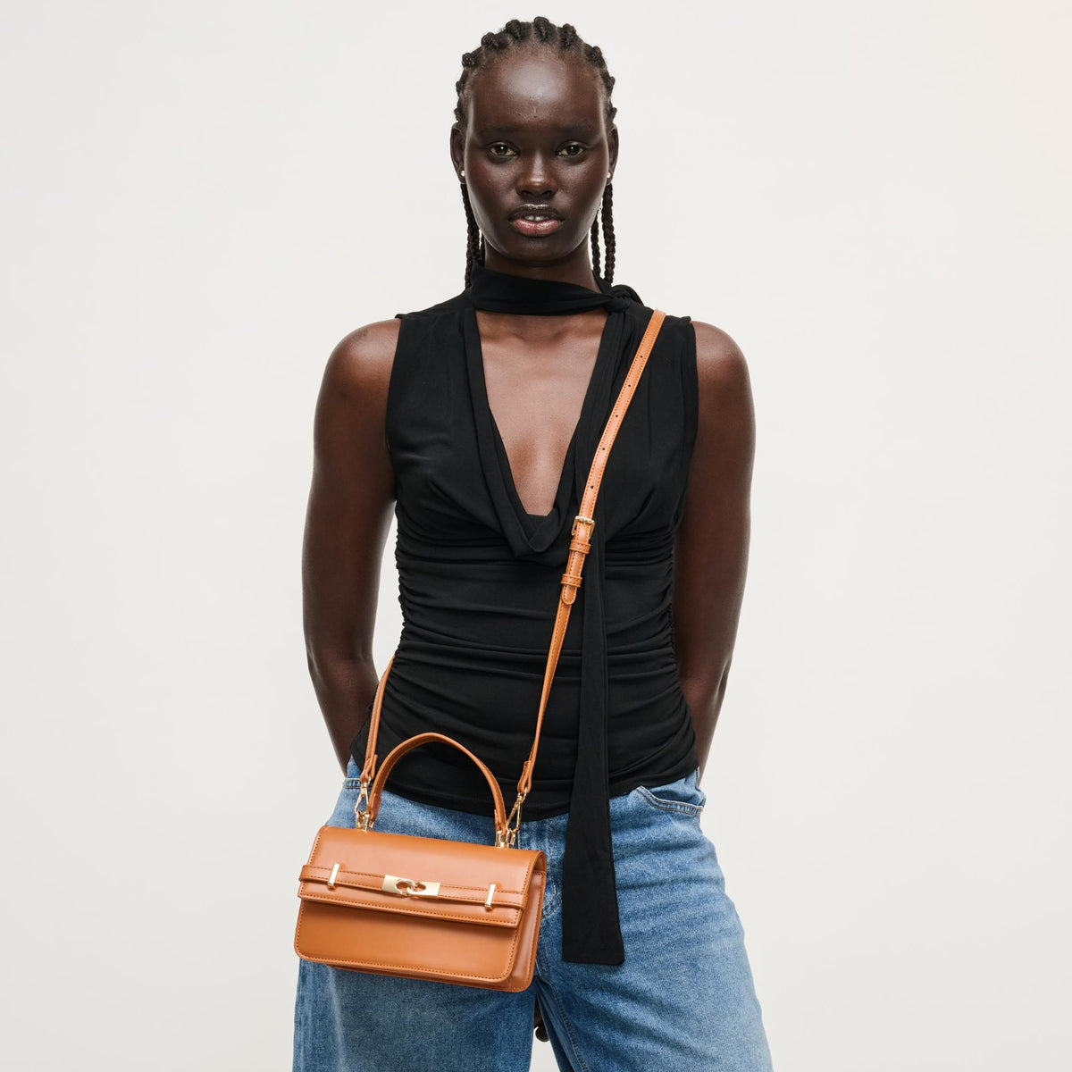 Woman wearing Cognac Urban Expressions Lily Crossbody 840504205811 View 3 | Cognac