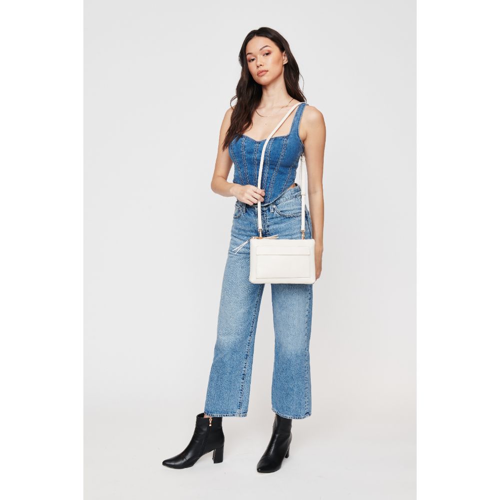 Woman wearing Oatmilk Urban Expressions Morris Lizard Crossbody 840611108524 View 4 | Oatmilk
