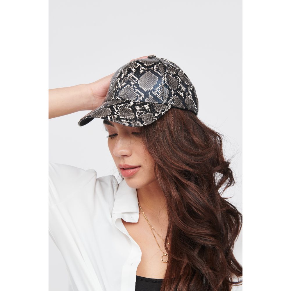 Woman wearing Black White Snake Urban Expressions Vegan Leather Baseball Hat Baseball Cap 818209014724 View 1 | Black White Snake