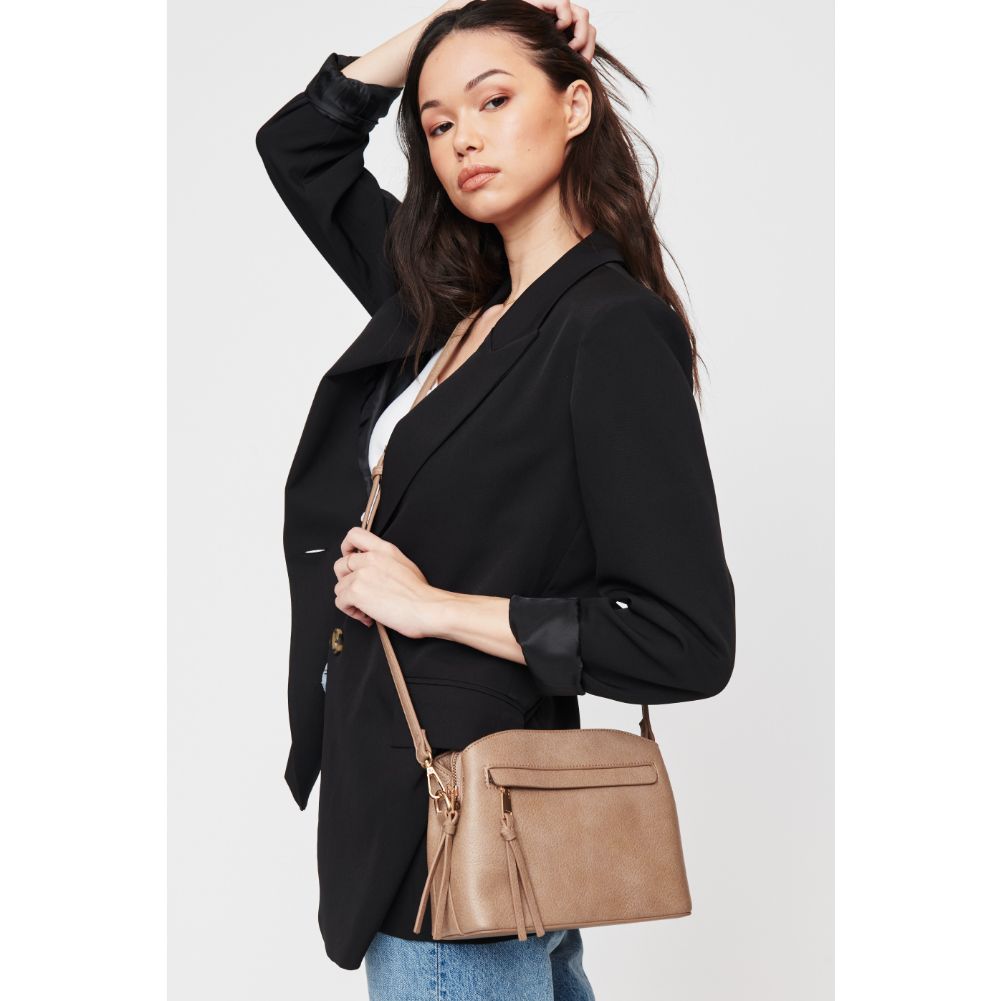 Woman wearing Taupe Urban Expressions Jayce Crossbody 840611110008 View 2 | Taupe