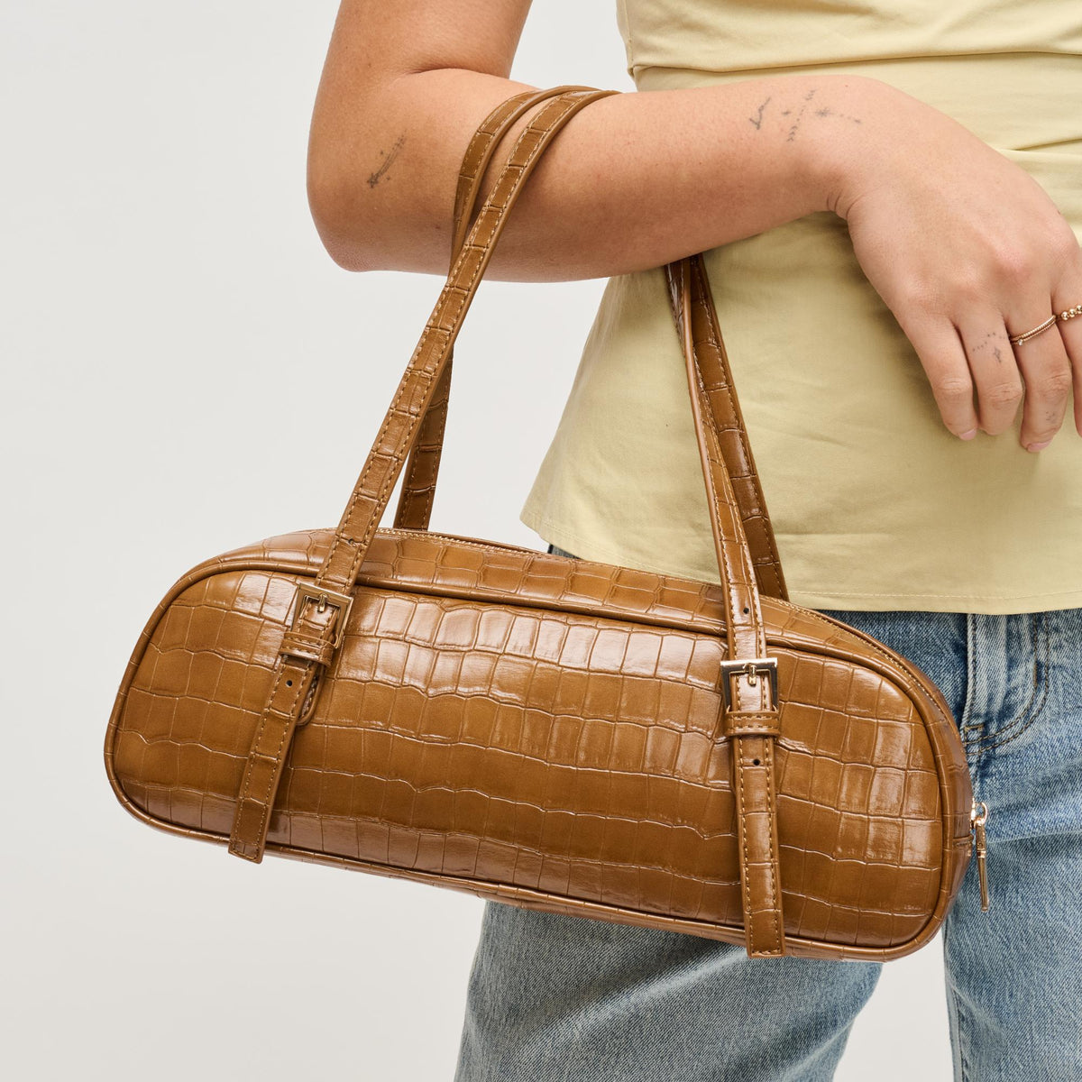 Woman wearing Cognac Urban Expressions Athena Shoulder Bag 840504206191 View 4 | Cognac
