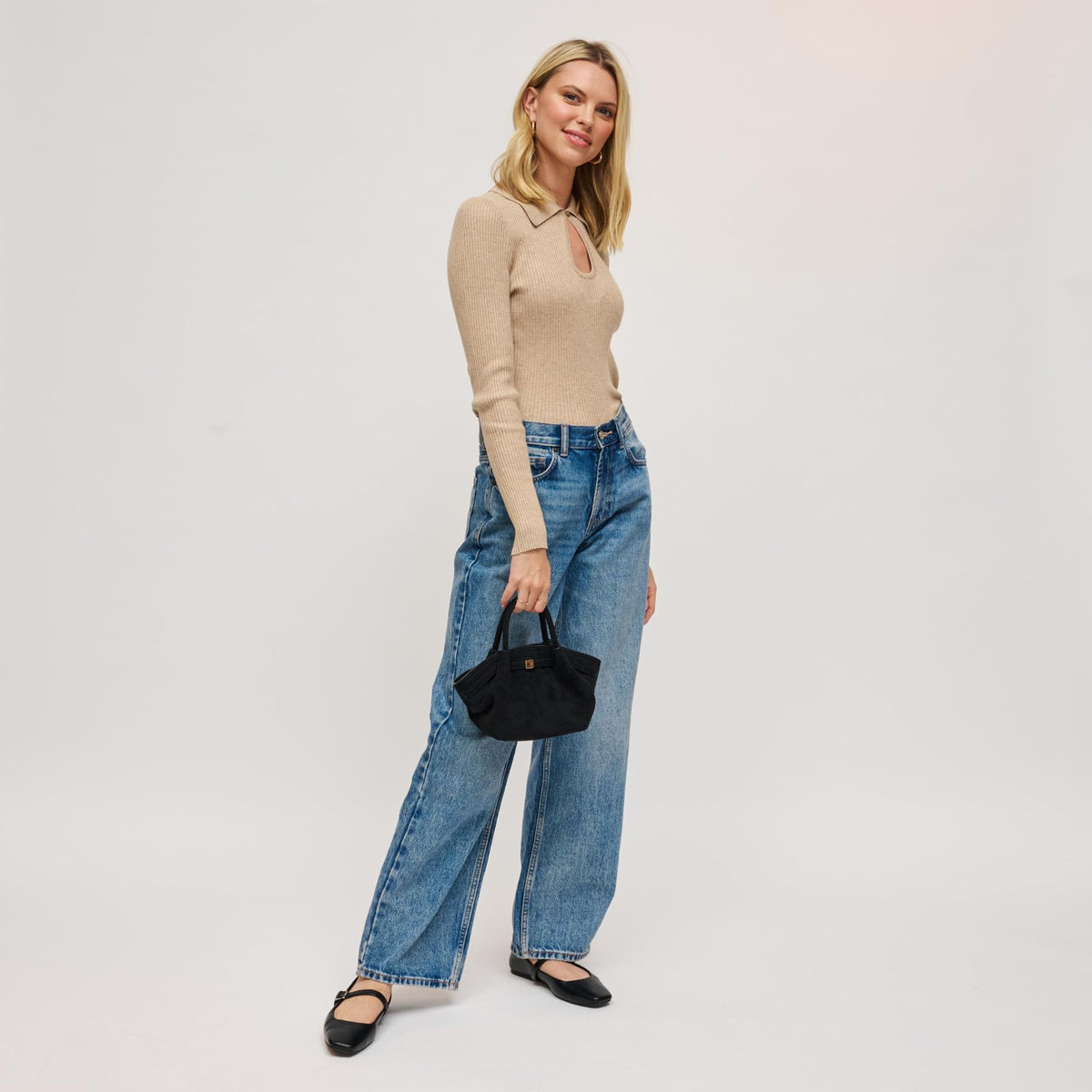 Woman wearing Black Urban Expressions Selena - Faux Suede Crossbody 840611199188 View 4 | Black