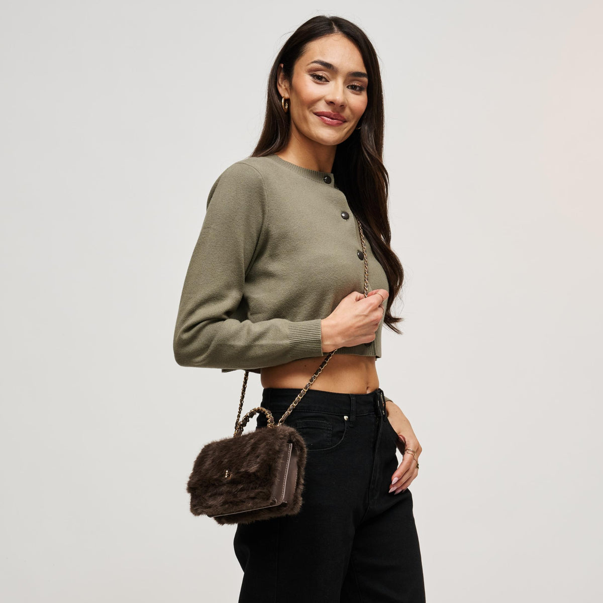 Woman wearing Chocolate Urban Expressions Lulu - Fur Crossbody 840504212406 View 3 | Chocolate