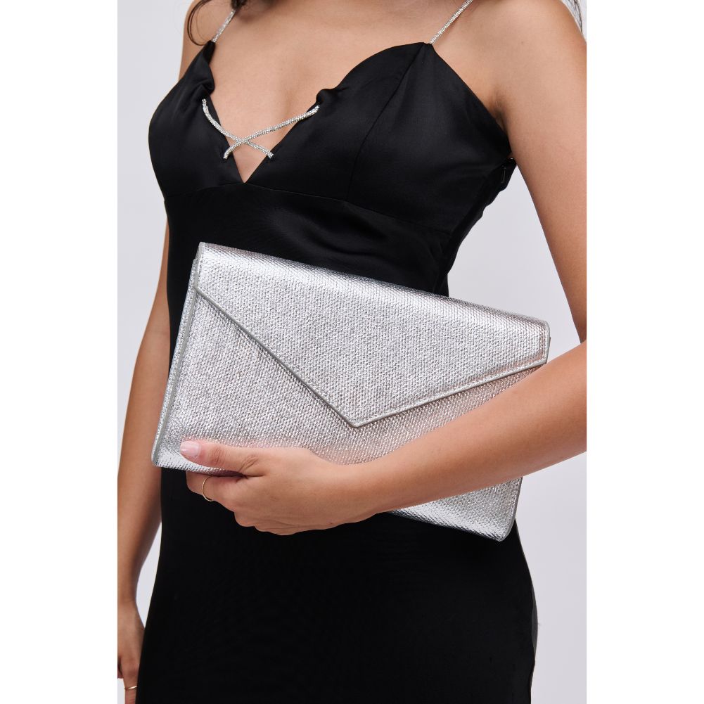 Woman wearing Silver Urban Expressions Riva Clutch 840611114556 View 1 | Silver