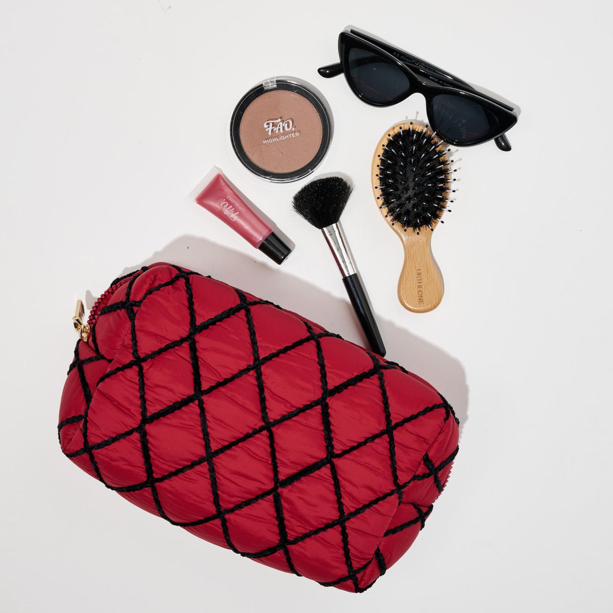 Woman wearing Dark Red Urban Essentials Zinnia Cosmetic & Travel Organizer Pouch 818209017398 View 1 | Dark Red