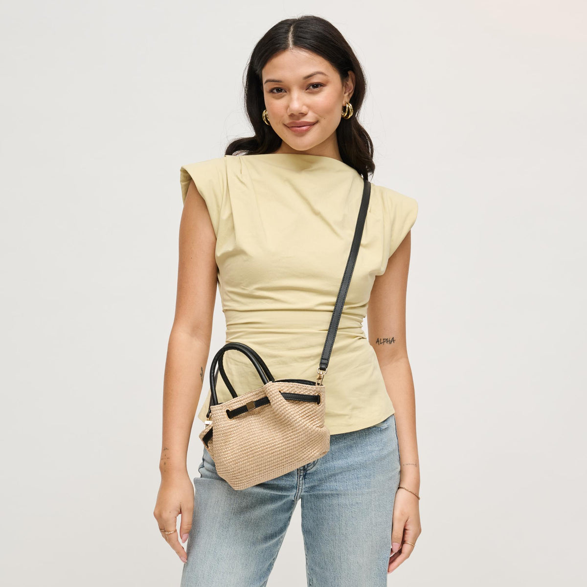 Woman wearing Natural Black Urban Expressions Selena - Straw Crossbody 840504204876 View 2 | Natural Black