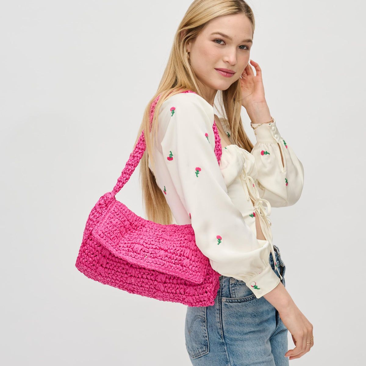 Woman wearing Hot Pink Urban Expressions Anika Crossbody 840611124630 View 1 | Hot Pink