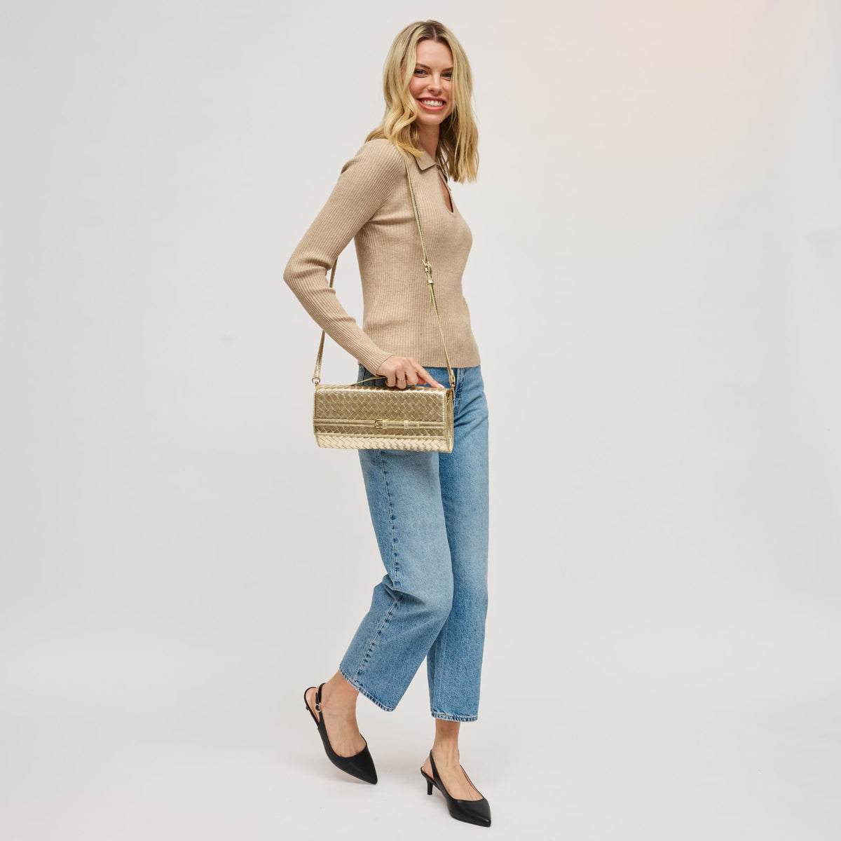 Woman wearing Gold Urban Expressions Emerson Crossbody 840611198327 View 2 | Gold